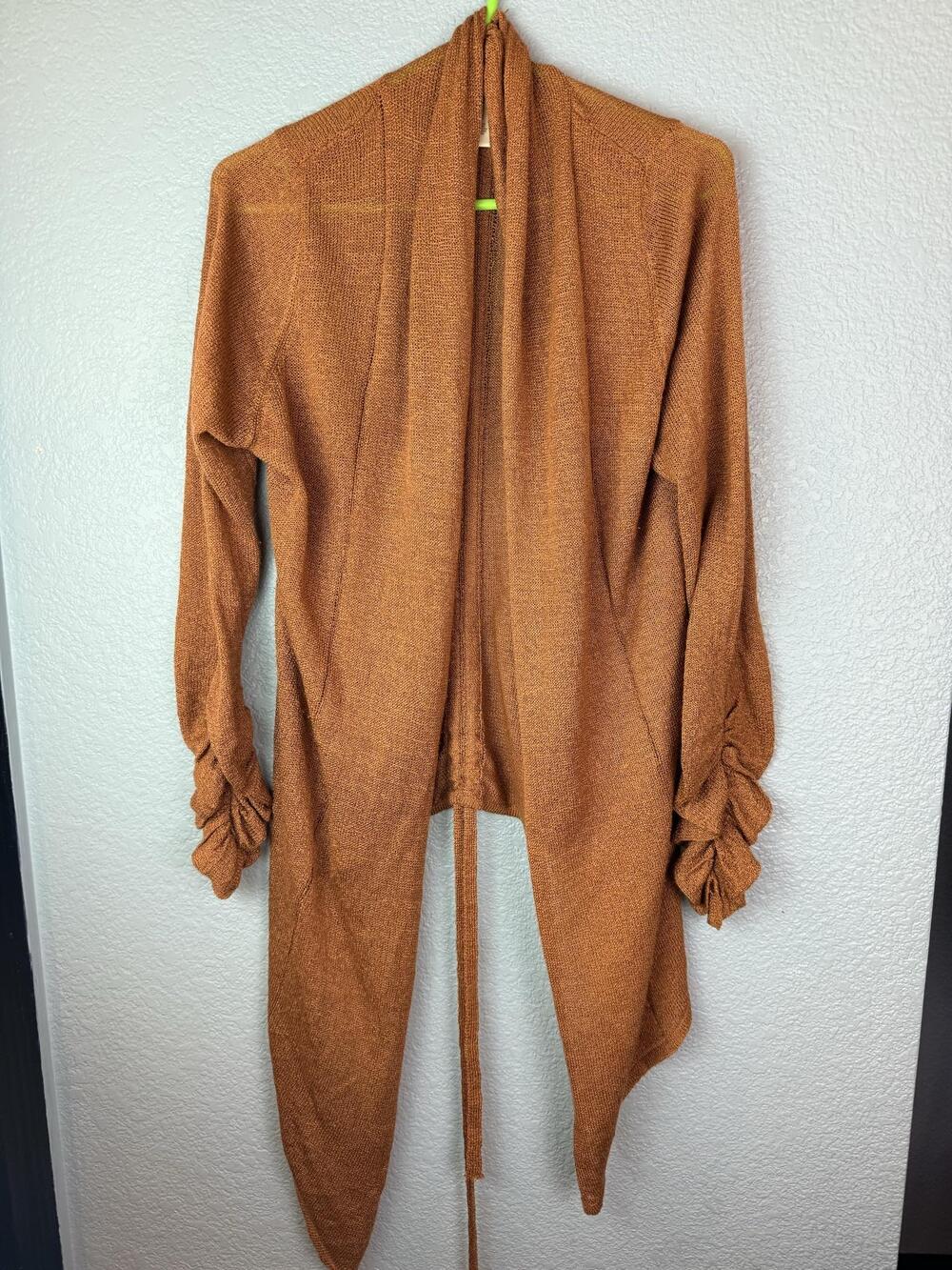 Arden B Cardigan Womens Medium Brown Ruched Sleeve Open Knit Drape Tie Sheer